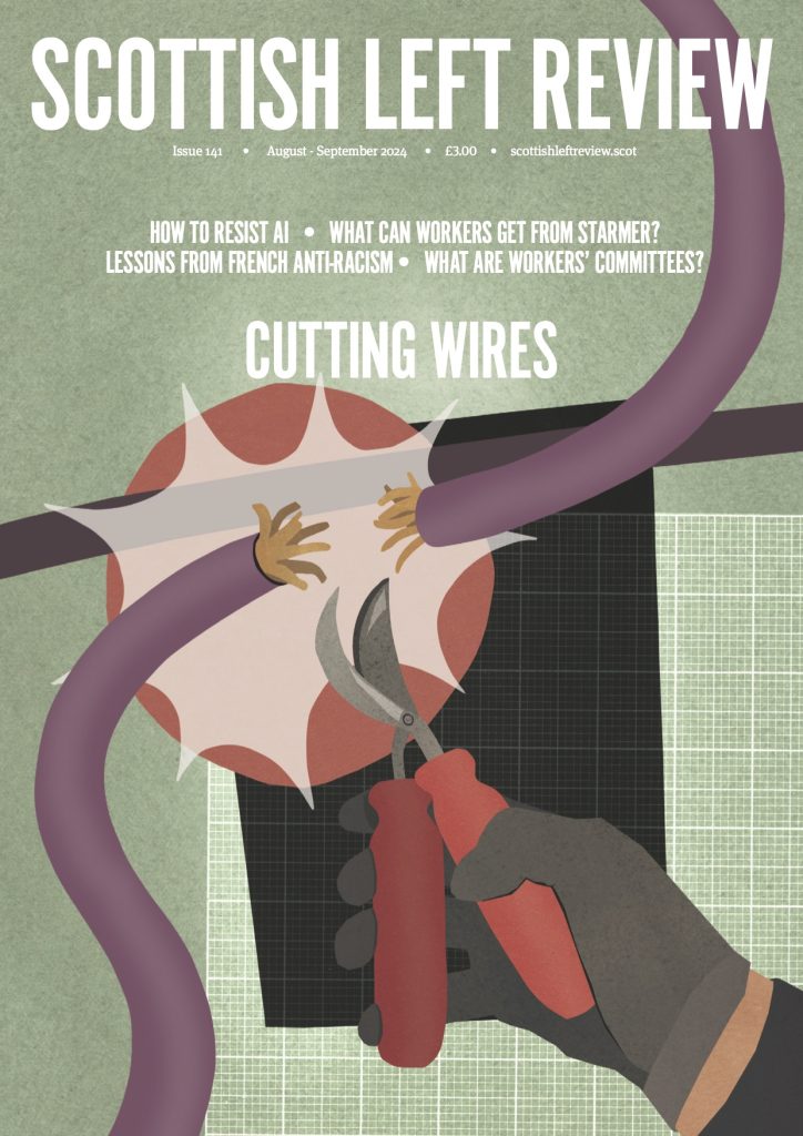 Front cover of this issue of the Scottish Left Review, showing a gloved hand cutting a cable