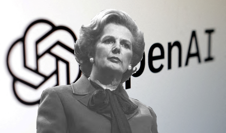 A photo of Margaret Thatcher superimposed on the OpenAI logo